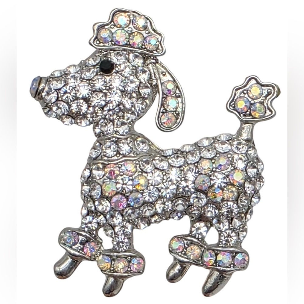 Crystal Poodle Dog Ring Silver Tone Aurora Borealis Rhinestone Sparkle Statement